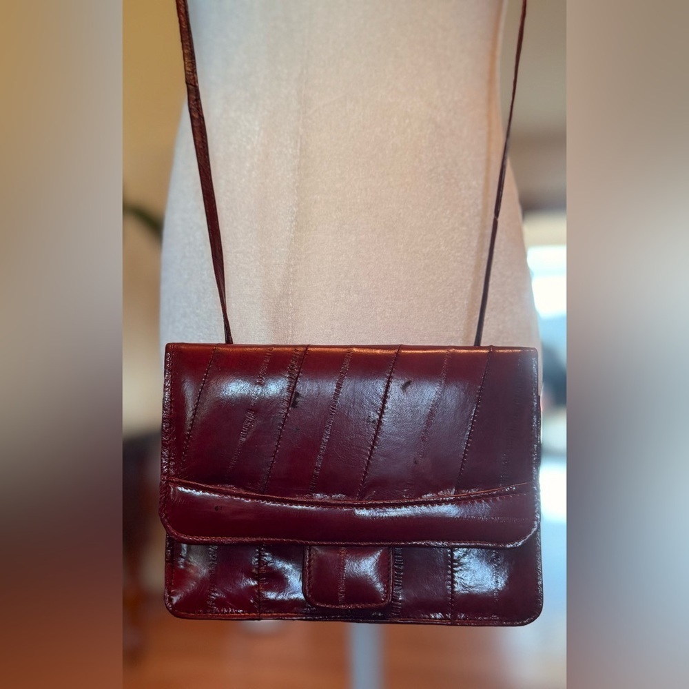 Vintage Korean Deep Red Eel Skin Leather Crossbody Clutch Purse Mini Bag